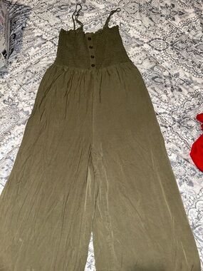 Olive Green Smocked Wide-Leg Jumpsuit